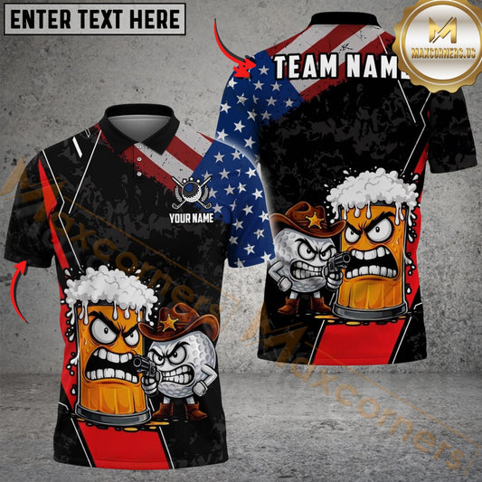 Maxcorners Golf Funny Cowboy Beer Design Customized Name, Team Name Shirts (2 colors)