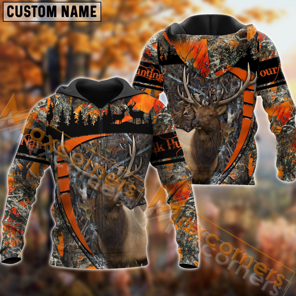 Maxcorners Elk Hunting Orange Camouflage Forest Pattern Custom Name Shirt 3D All Over Printed Clothes