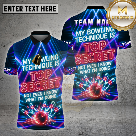 Maxcorners Bowling Shirt Top Secret Technique Design Multicolor Options Personalized Name, Team Name 3D Shirt (4 Colors)