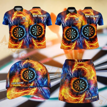 Maxcorners Darts Blue Orange Fire Dartboard Design Personalized Team Sportswear Set - Polo Shirt, Cap & Skorts