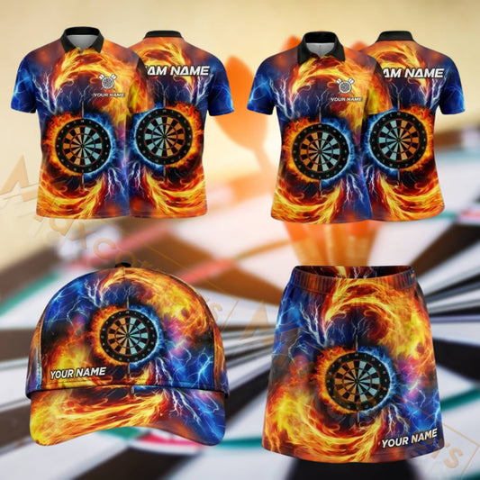 Maxcorners Darts Blue Orange Fire Dartboard Design Personalized Team Sportswear Set - Polo Shirt, Cap & Skorts