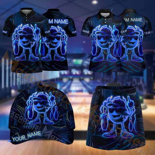 Maxcorners Bowling Cool Bowling Ball Character Flame Design Personalized Team Sportswear Set - Polo Shirt, Cap & Skorts