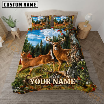 Maxcorners Deer Hunting Mountain Lake Forest Custom Name 3D Bedding Set