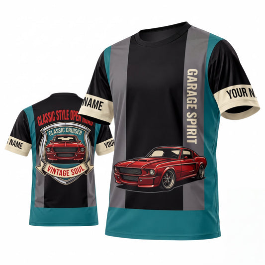 Maxcorners Personalized Car Classic Muscle Car 3D T-Shirt – Teal Black Vintage Racing and Red Muscle Car