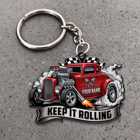Maxcorners Hot Rod Red Vintage Roadster with Chrome Engine and Keep It Rolling Badge Personalized Name 3D Keychain And Ornament