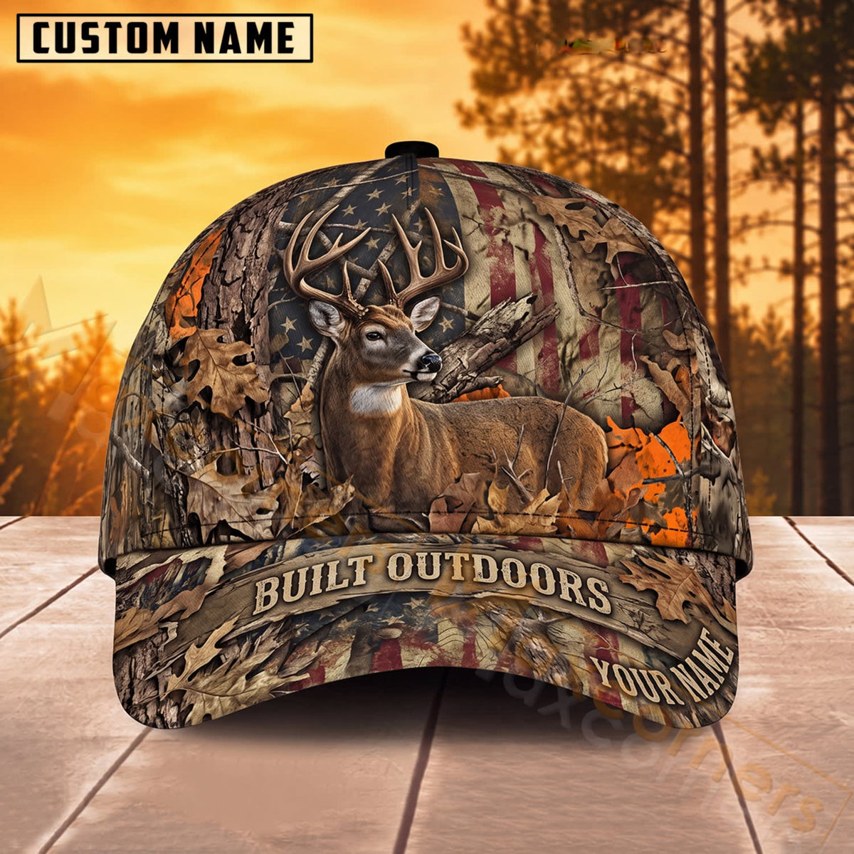 Maxcorners Deer Hunting Rustic American Flag Born Outdoors Personalized Name 3D Cap