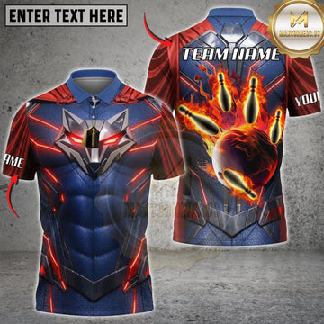 Maxcorners Bowling Red Blue Futuristic Armor Flaming Bowling Hand Personalized Name 3D Unisex Shirt