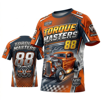Maxcorners Personalized Car Classic Muscle Car 3D T-Shirt – Torque Masters Orange Grey Street Rod