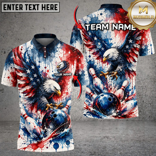 Maxcorners Bowling American Flag Eagle Splash Art Personalized Name 3D Unisex Shirt