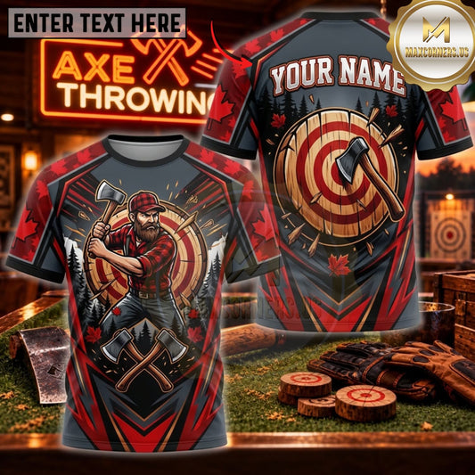 Maxcorners Axe Throwing Red Black Skull Warrior Personalized Name 3D Unisex Shirt