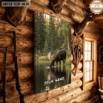 Maxcorners Moose Hunting Bull Moose Drinking Lake Pine Forest Reflection Wildlife Scene Canvas Wall Art