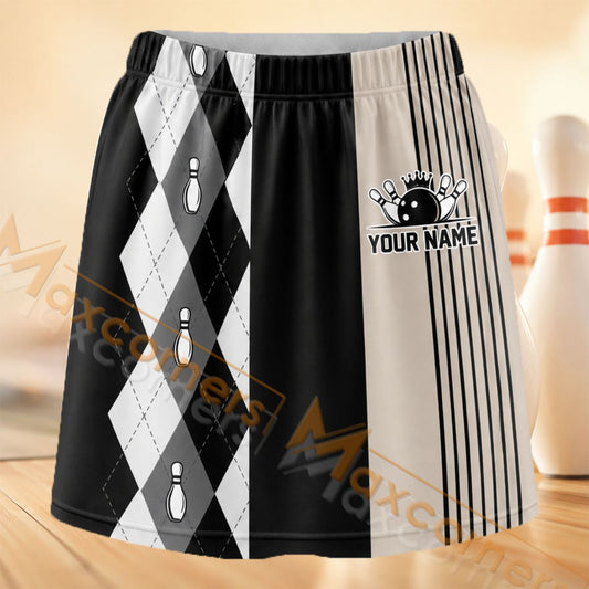 Maxcorners Bowling Black White Argyle Personalized 3D Skort, Skirts With Shorts