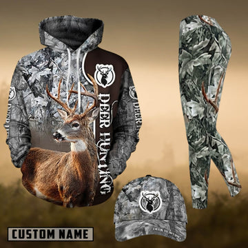 Maxcorners Hunting Whitetail Deer Gray Forest Camo 3D Combo Hoodie, Legging Set & Cap
