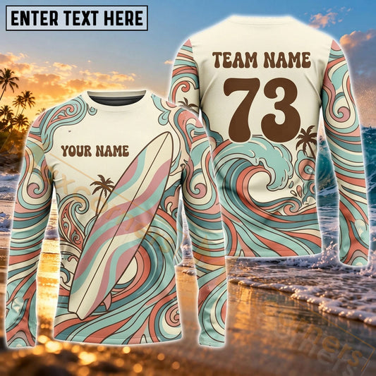 Maxcorners Surfboard Ocean Wave Adventure Art Customized Name, Number, Team Name 3D Long Sleeve Shirts