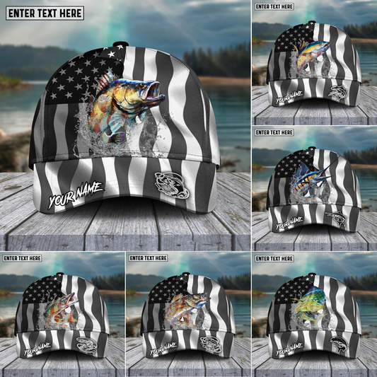 Maxcorners Fishing Hat Walleye Splash American Flag Personalized Name Cap (11 Breeds)