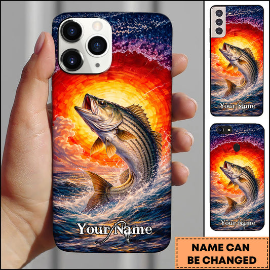 Maxcorners Striped Bass Fishing Fiery Sunset Splash Personalized Name 3D Phone Case
