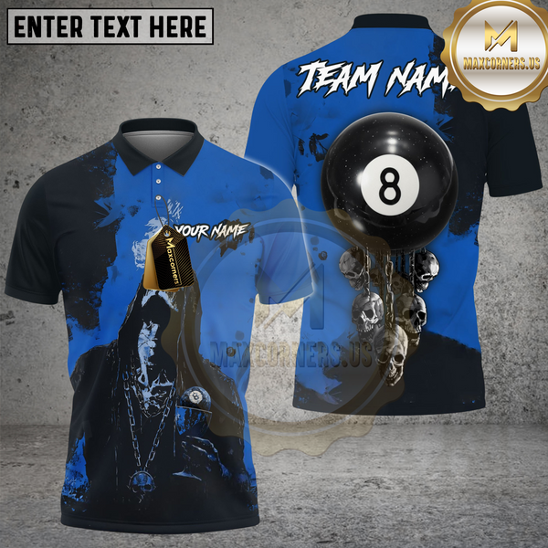 Maxcorners Billiards Ball 8 Smoke Drink Chain Skull Personalized Name Shirt Blue TU0808