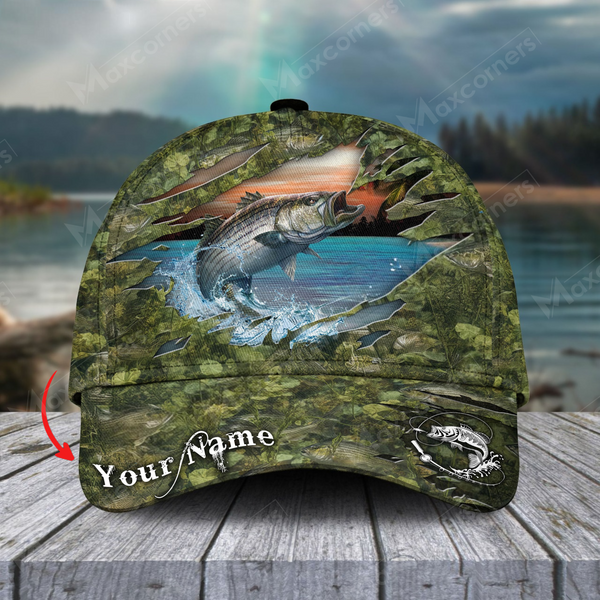 Maxcorners Stripe Bass Camouflage Fishing Customized Name 3D Cap