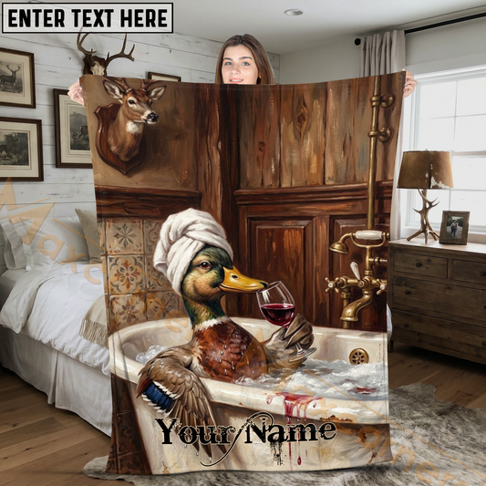 Maxcorners Funny Mallard Duck Relaxing in Tub with Wine Personalized 3D Blanket