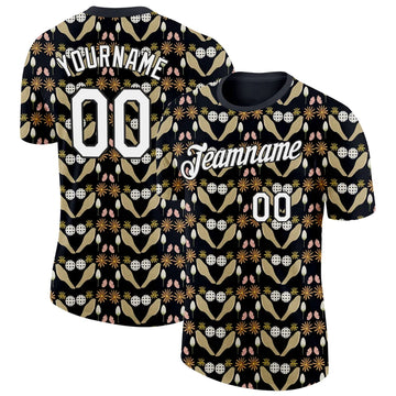Maxcorners Pickleball Paddle Ball Black Gold Floral Seamless Pattern Personalized Name 3D Unisex Shirt