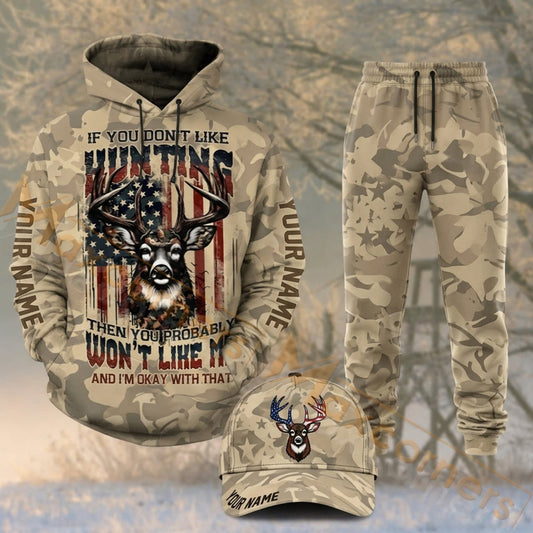 Maxcorners Hunting Patriotic Deer Skull American Flag Vintage Camo Personalized 3D Combo Hoodie, Sweatpants Set & Cap
