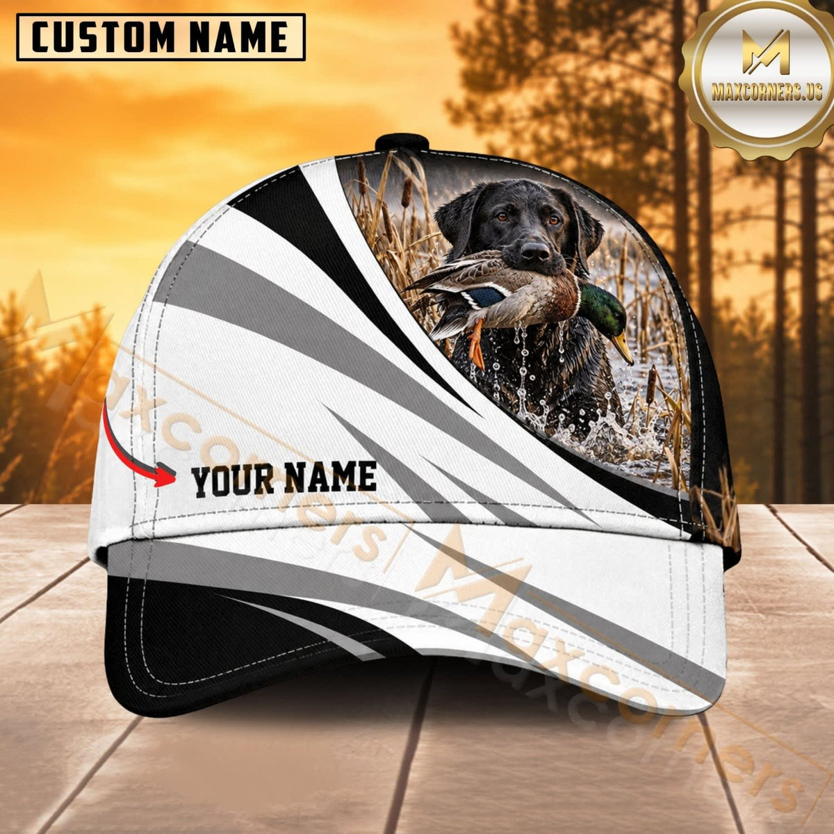 Maxcorners Dog Hunting And Duck Black White Silver Wave Marsh Personalized Name 3D Cap