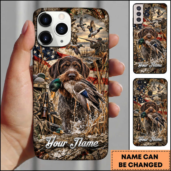 Maxcorners Duck Hunting Yellow Labrador Retriever American Flag Sunset Personalized Name 3D Phone Case - German Wirehaired Pointer