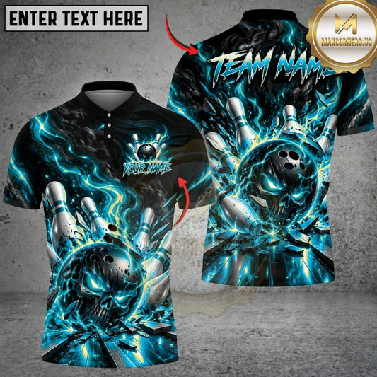 Maxcorners Bowling Demonic Skull Burning Fire Sparks Pins Strike Artwork Multicolor Customized Name, Team Name 3D Shirts