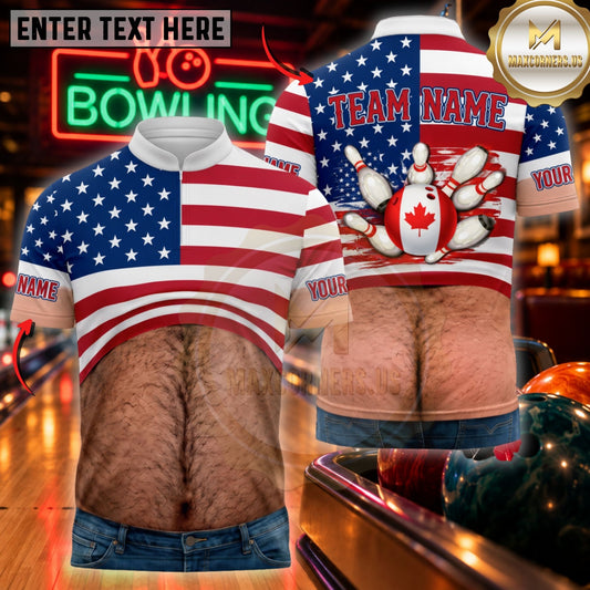 Maxcorners Bowling Humorous Hairy Chest Canada Flag Pins Jersey Customized Name, Team Name 3D Shirts