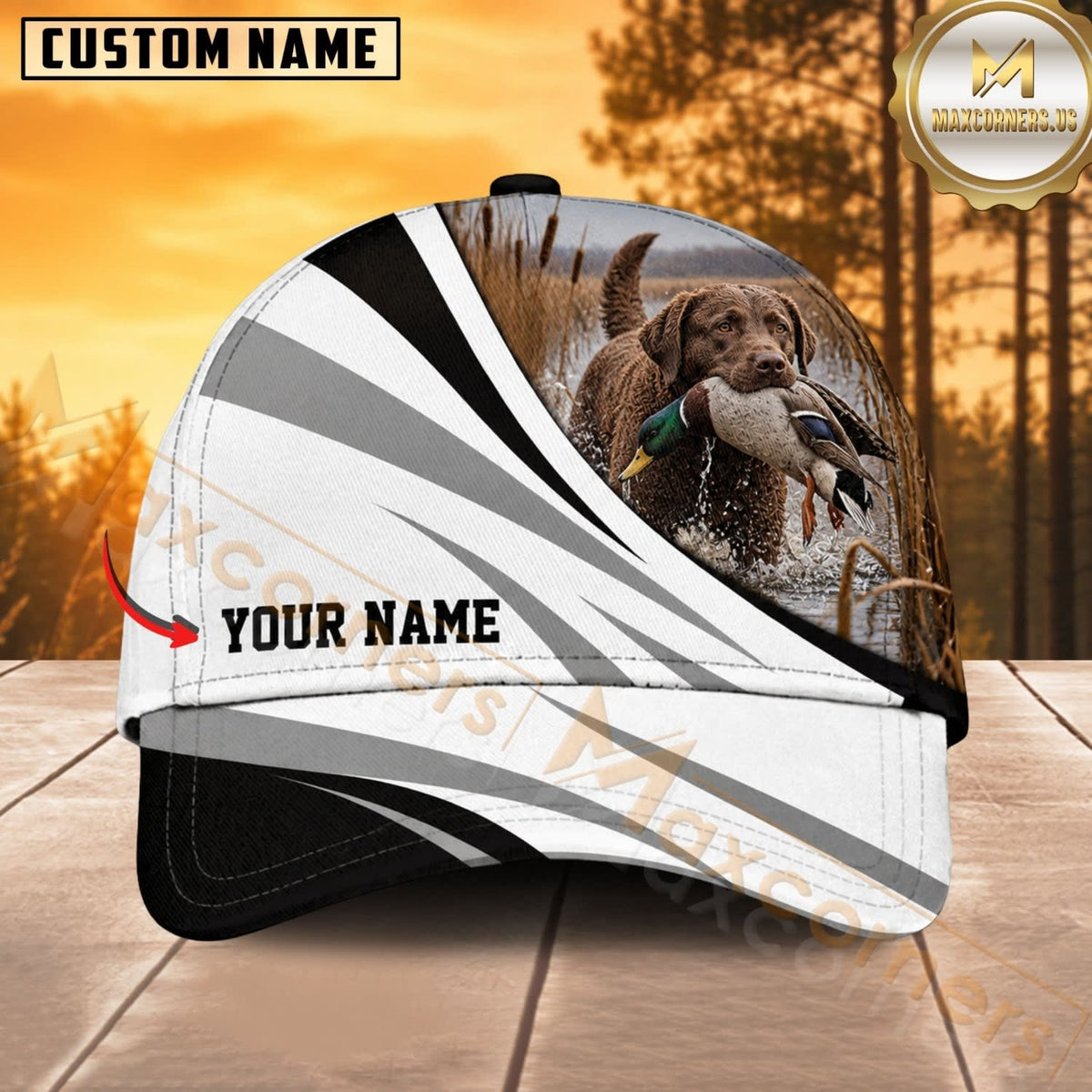 Maxcorners Dog Hunting And Duck Black White Silver Wave Marsh Personalized Name 3D Cap