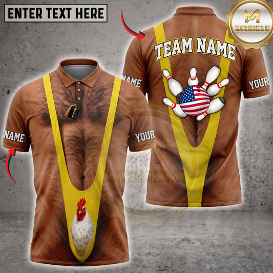Maxcorners Bowling Funny Caveman Yellow Tie American Flag Bowling Pins Personalized Name 3D Unisex Shirt