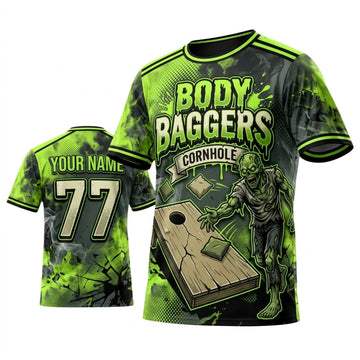 Maxcorners Cornhole Body Baggers Toxic Green Skull Personalized Name 3D Unisex Shirt