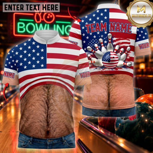 Maxcorners Bowling Funny Hairy Torso Patriotic Pins Apparel Customized Name, Team Name 3D Shirts