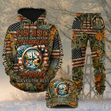 Maxcorners Hunting Fishing Wilderness American Flag Camo Personalized 3D Combo Hoodie, Sweatpants Set & Cap