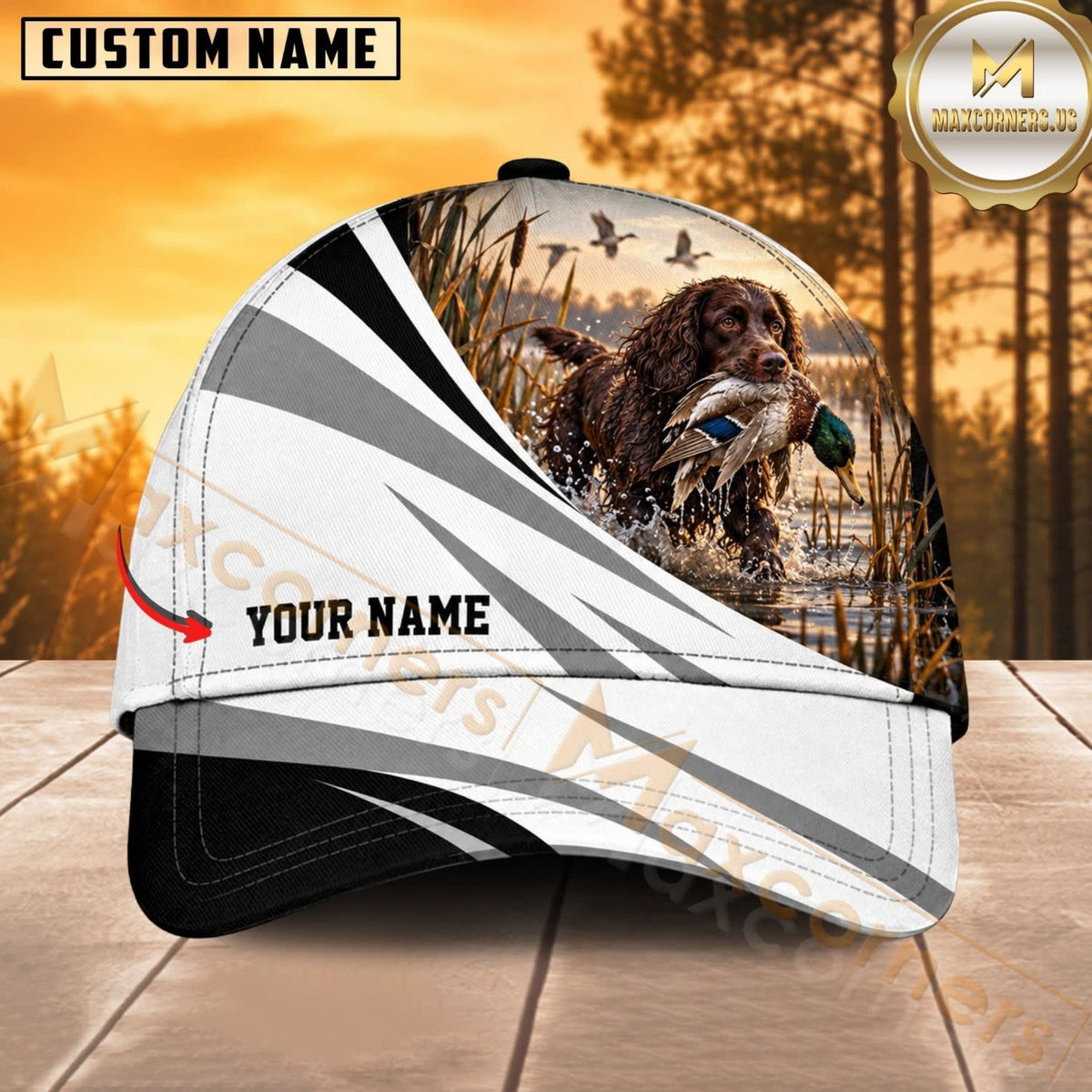 Maxcorners Dog Hunting And Duck Black White Silver Wave Marsh Personalized Name 3D Cap