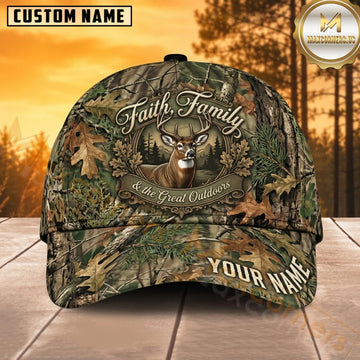 Maxcorners Deer Hunting Whitetail Buck Faith Family and the Great Outdoors Emblem Camo Customized Name 3D Cap