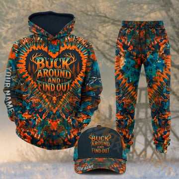 Maxcorners Hunting Buck Around And Find Out Orange Blue Camo Personalized 3D Combo Hoodie, Sweatpants Set & Cap
