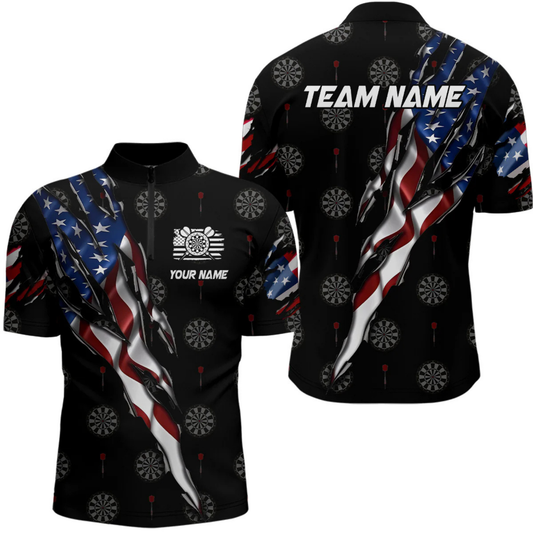 Maxcorners American Flag Scratch Darts Shirt For Men Custom Patriotic Dart Team Jersey Polo & 1/4 Zip LM1805