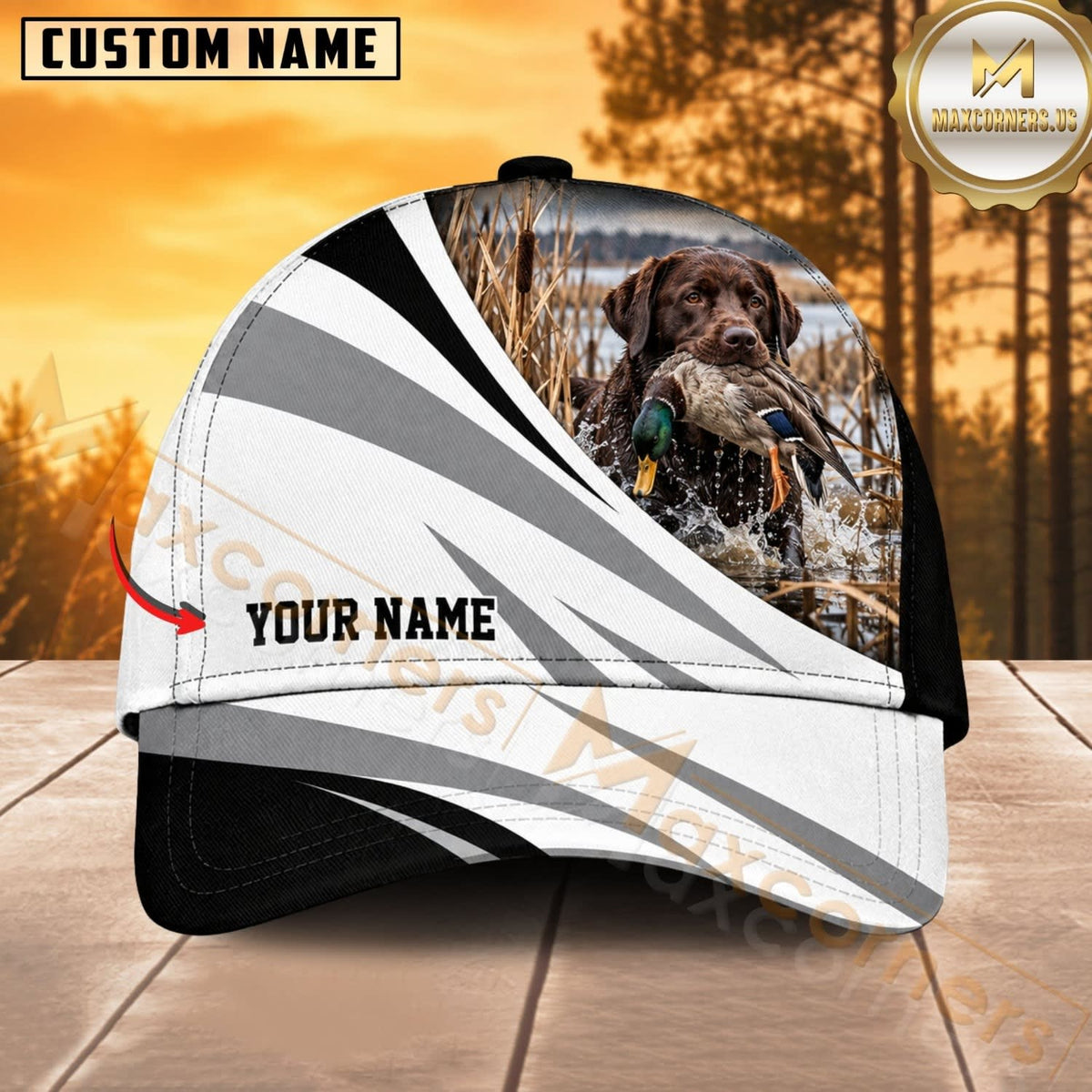 Maxcorners Dog Hunting And Duck Black White Silver Wave Marsh Personalized Name 3D Cap