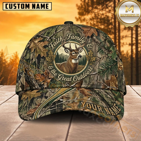 Maxcorners Deer Hunting Whitetail Buck Faith Family and the Great Outdoors Crest Camo Customized Name 3D Cap