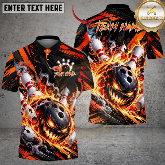 Maxcorners Bowling Evil Pumpkin Skull Flame Fireball Pins Strike Artwork Multicolor Customized Name, Team Name 3D Shirts