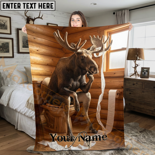 Maxcorners Humorous Thinking Moose Sitting on Toilet Cabin Bathroom Personalized 3D Blanket