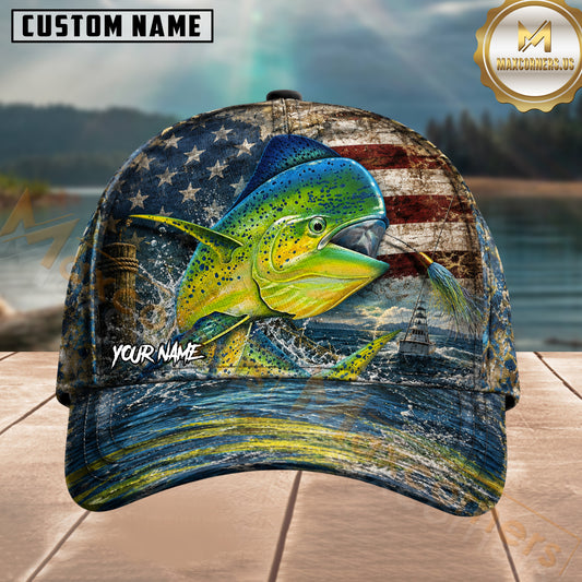 Maxcorners Fishing Mahi Mahi American Flag Ocean Personalized 3D Cap