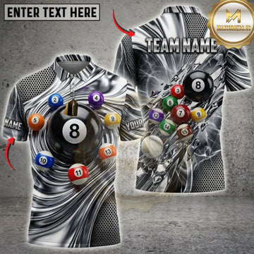 Maxcorners Billiards Silver Metallic 8 Ball And Black Lightning Personalized Name 3D Unisex Shirt