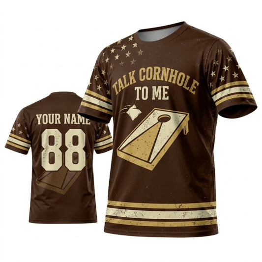 Maxcorners Cornhole Talk Cornhole To Me Brown Gold Vintage Personalized Name 3D Unisex Shirt