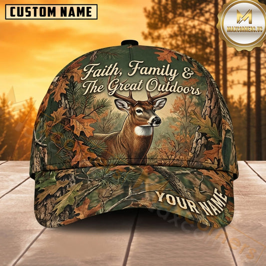 Maxcorners Deer Hunting Whitetail Buck Faith Family and the Great Outdoors Autumn Camo Customized Name 3D Cap