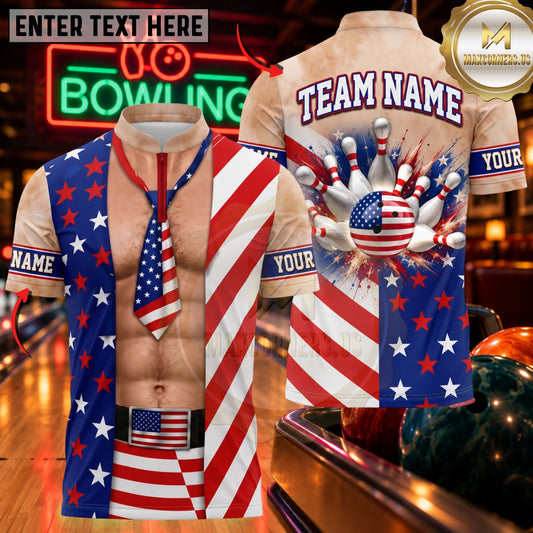 Maxcorners Bowling Patriotic USA Flag Vest Six Pack Pins Jersey Customized Name, Team Name 3D Shirts