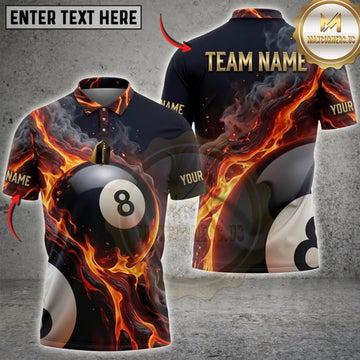 Maxcorners Billiards Black Flaming 8 Ball And Orange Fire Personalized Name 3D Unisex Shirt