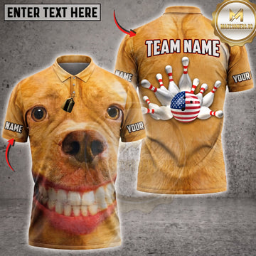 Maxcorners Bowling Funny Smiling Golden Dog American Flag Bowling Pins Personalized Name 3D Unisex Shirt