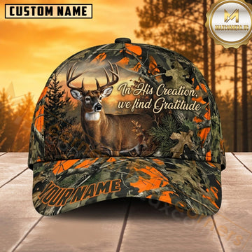 Maxcorners Deer Hunting Whitetail Buck In His Creation We Find Gratitude Blaze Orange Camo Customized Name 3D Cap